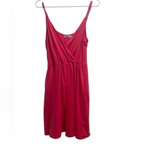 V Neck Pink Spaghetti Strap Summer Casual Swing Sundress with Pockets